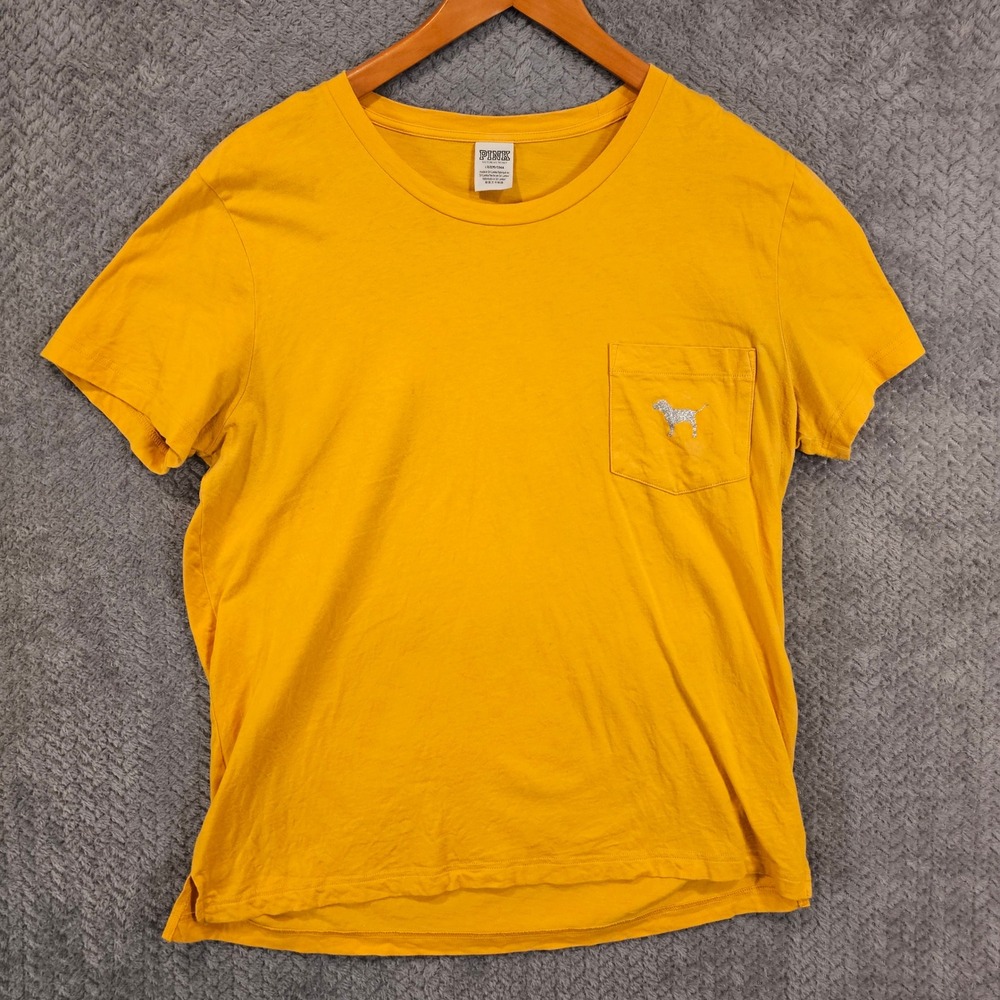 PINK Victoria's Secret Y2K Graphic Pocket T-Shirt Silver Glitter Logo Large